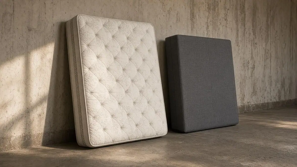 A mattress and box spring ready for recycling